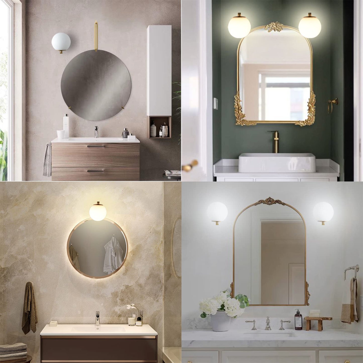 Popity home Gold Wall Sconces Set of 2, Mid Century Modern Wall Sconce with Globe Frosted Glass Shade, Art Deco Wall Mounted Light Fixture for Living