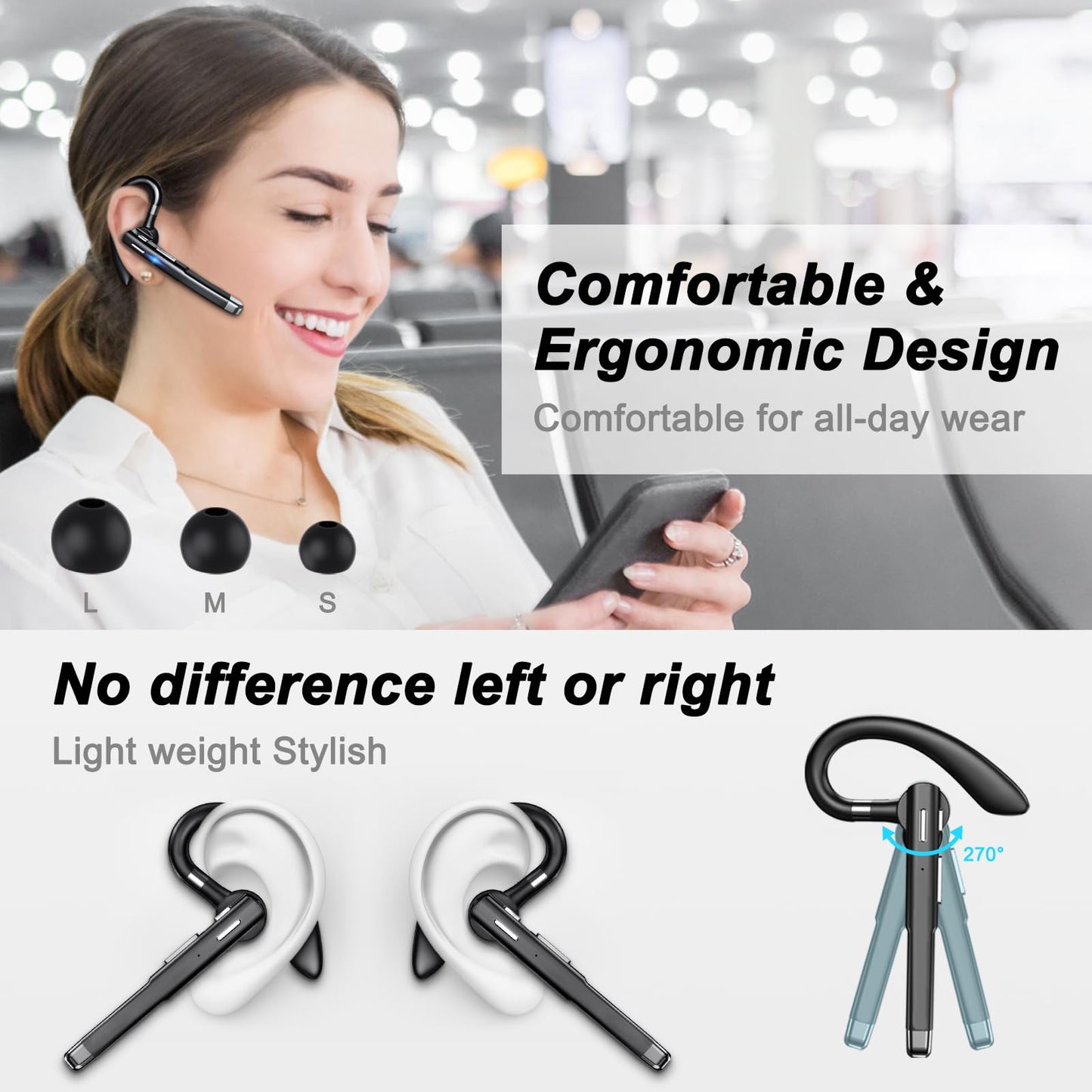 Boytond Bluetooth Headset with 500mAh Charging Case, 100Hrs Playtime Wireless Headset with Noise Cancelling Mic, Wireless Earpiece Hands-Free