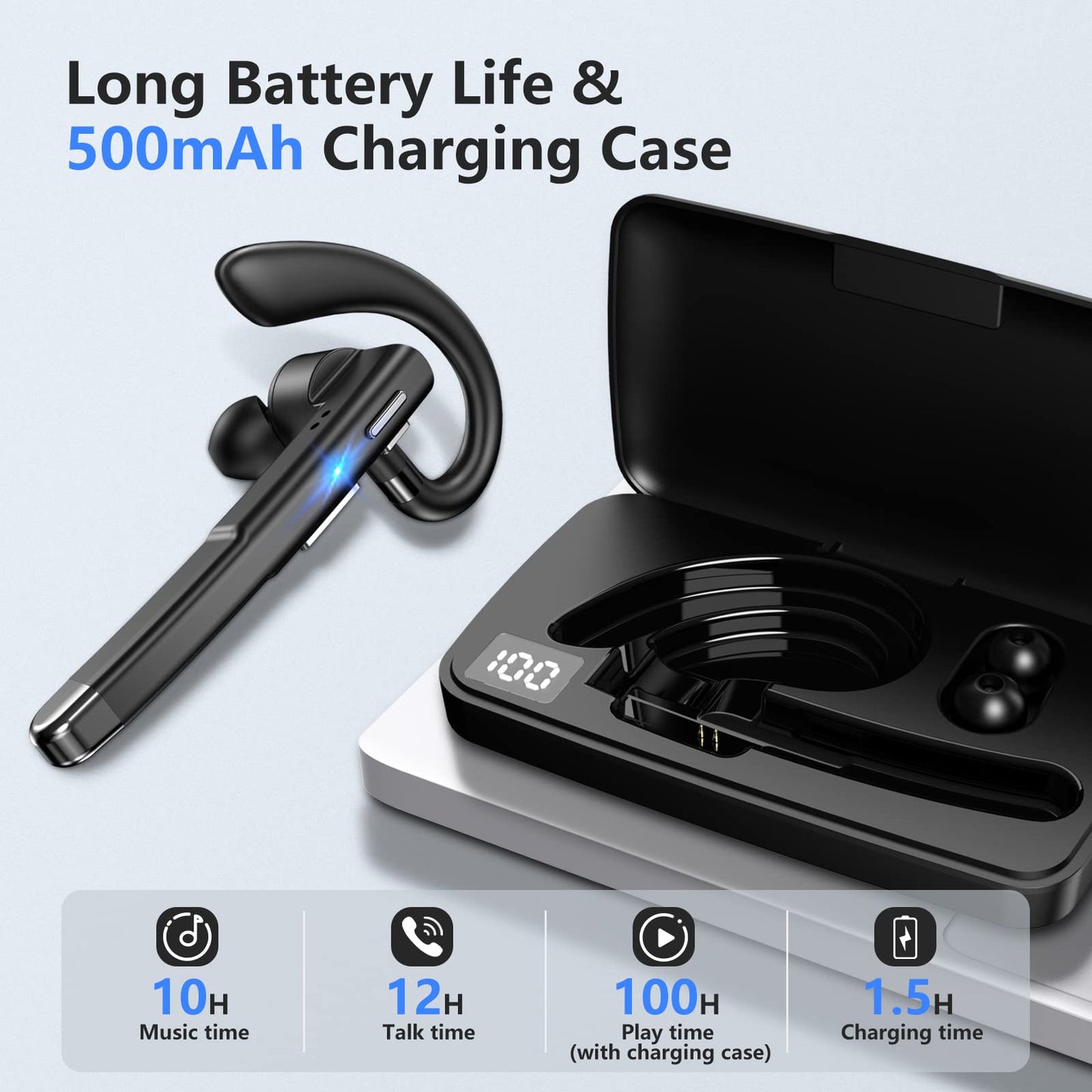 Bluetooth Headsets, Wireless Bluetooth Earbuds with 500mAh Charging Case, 100Hrs Talk Time Wireless Earpiece, Hands-Free Headphones Built-in Mic