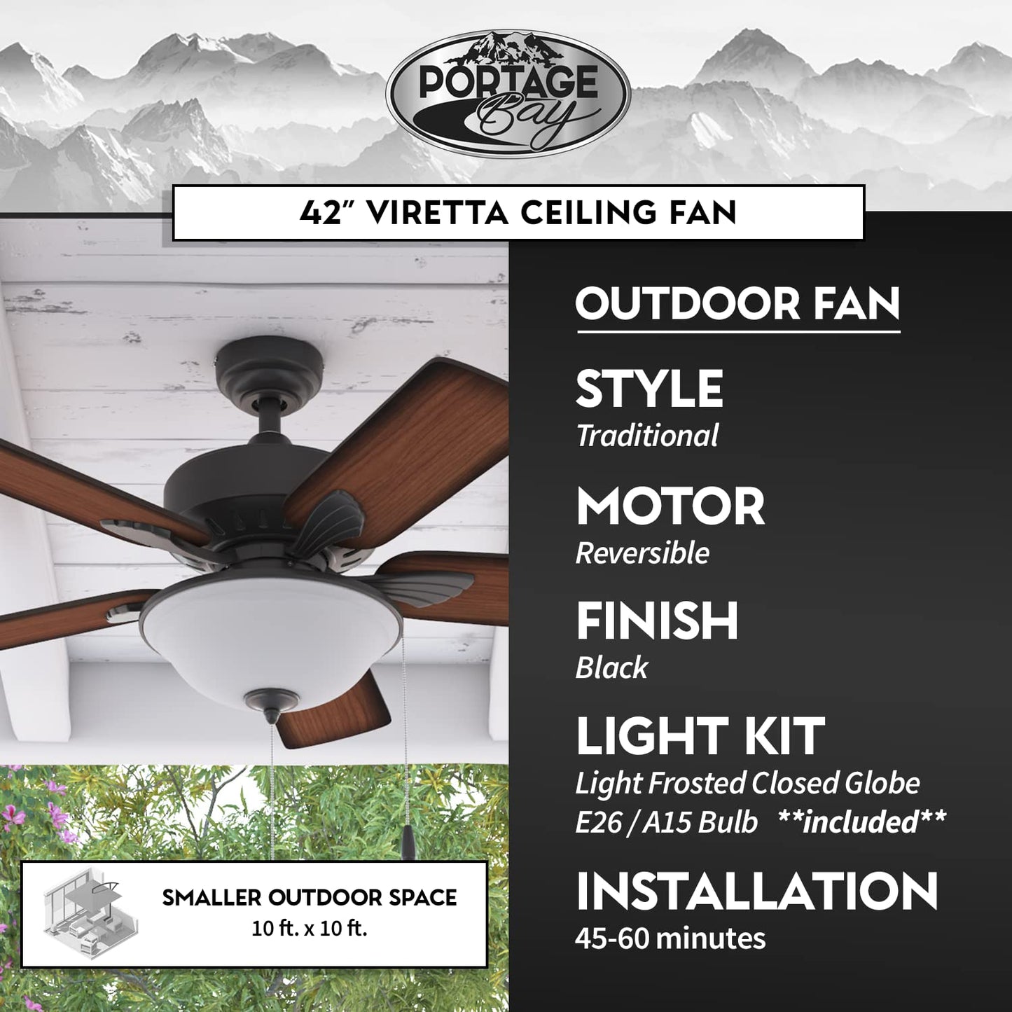 Portage Bay 51449 Viretta Ceiling Fan, 42, Black