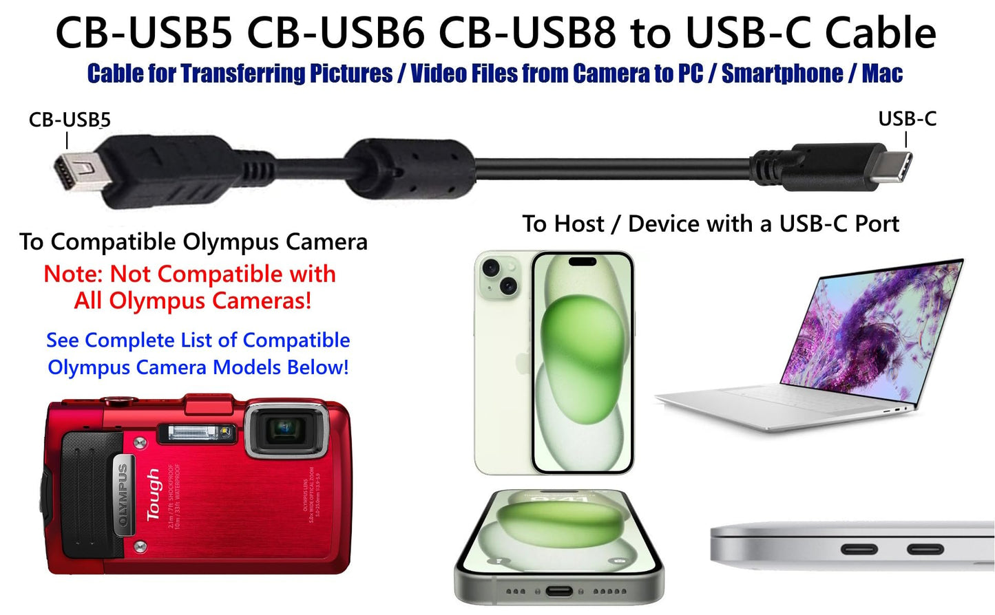 USB C to CB-USB5 CB-USB6 Photo Transfer Charge Cable for Select Olympus Stylus Tough SH TG DSLR Cameras Compatible with PC, iPhone 15, Android