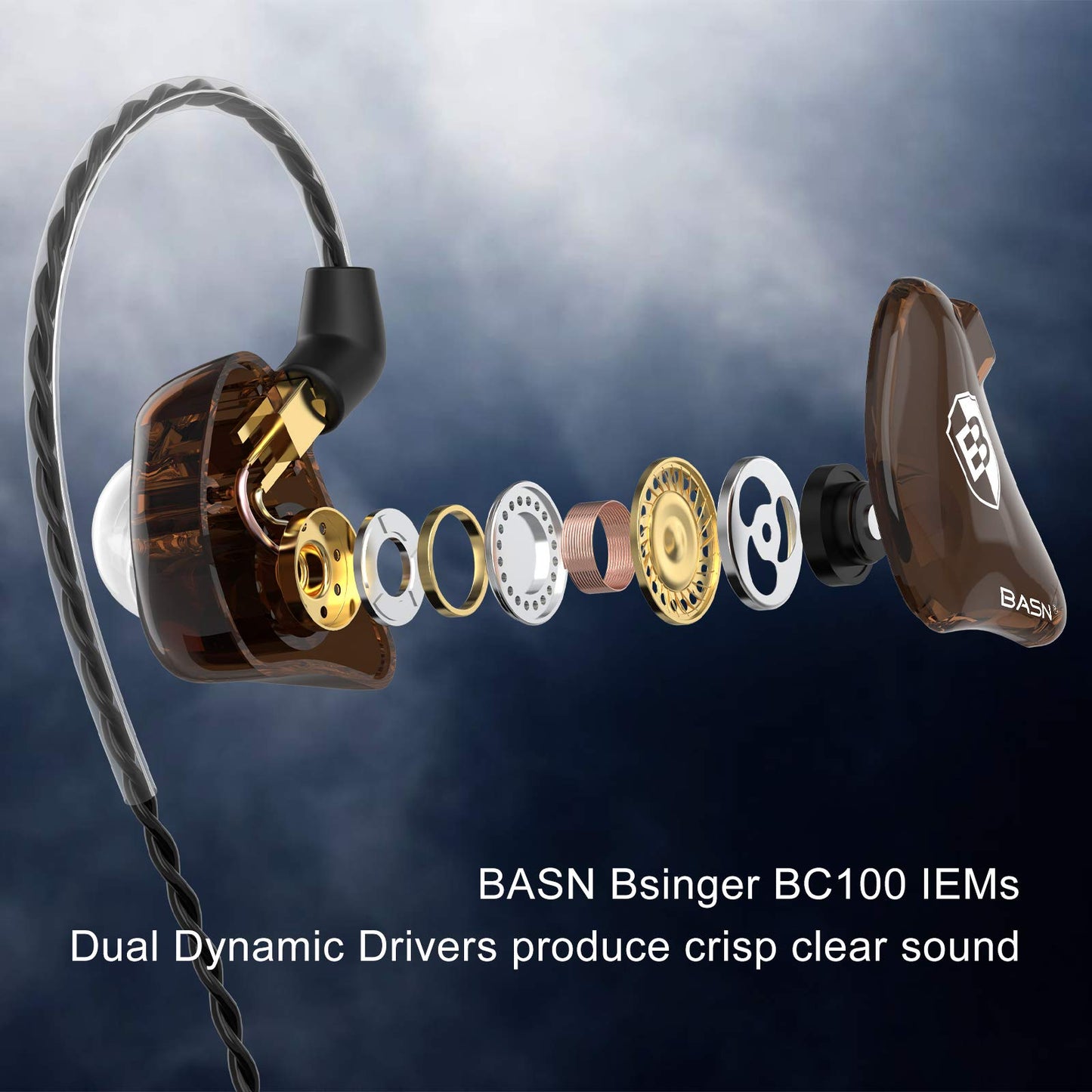BASN in-Ear Monitor Headphones Dual Dynamic Drivers IEM Earphones Detachable MMCX Cable Musicians Earbuds Headphones (BC100 Brown, with no Mic)