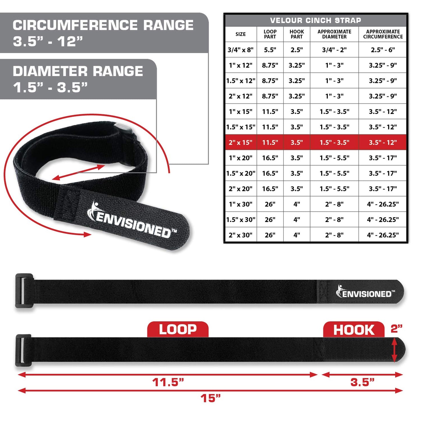 Velour Cinch Straps 2" x 15" - 6 Pack, Soft Touch Microfiber Reusable Hook and Loop