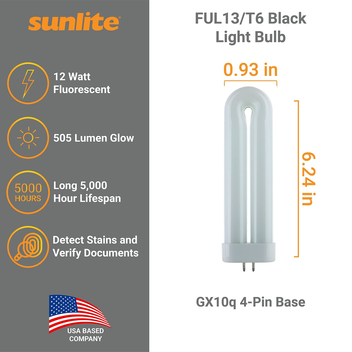 Sunlite 05100-SU T6 Fluorescent U-Shaped Light Bulb, 12 Watts, 505 Lumens, GX10q 4-Pin Base, Plug-in, 5,000 Hour Life Span, Clubs, Restaurants, Party