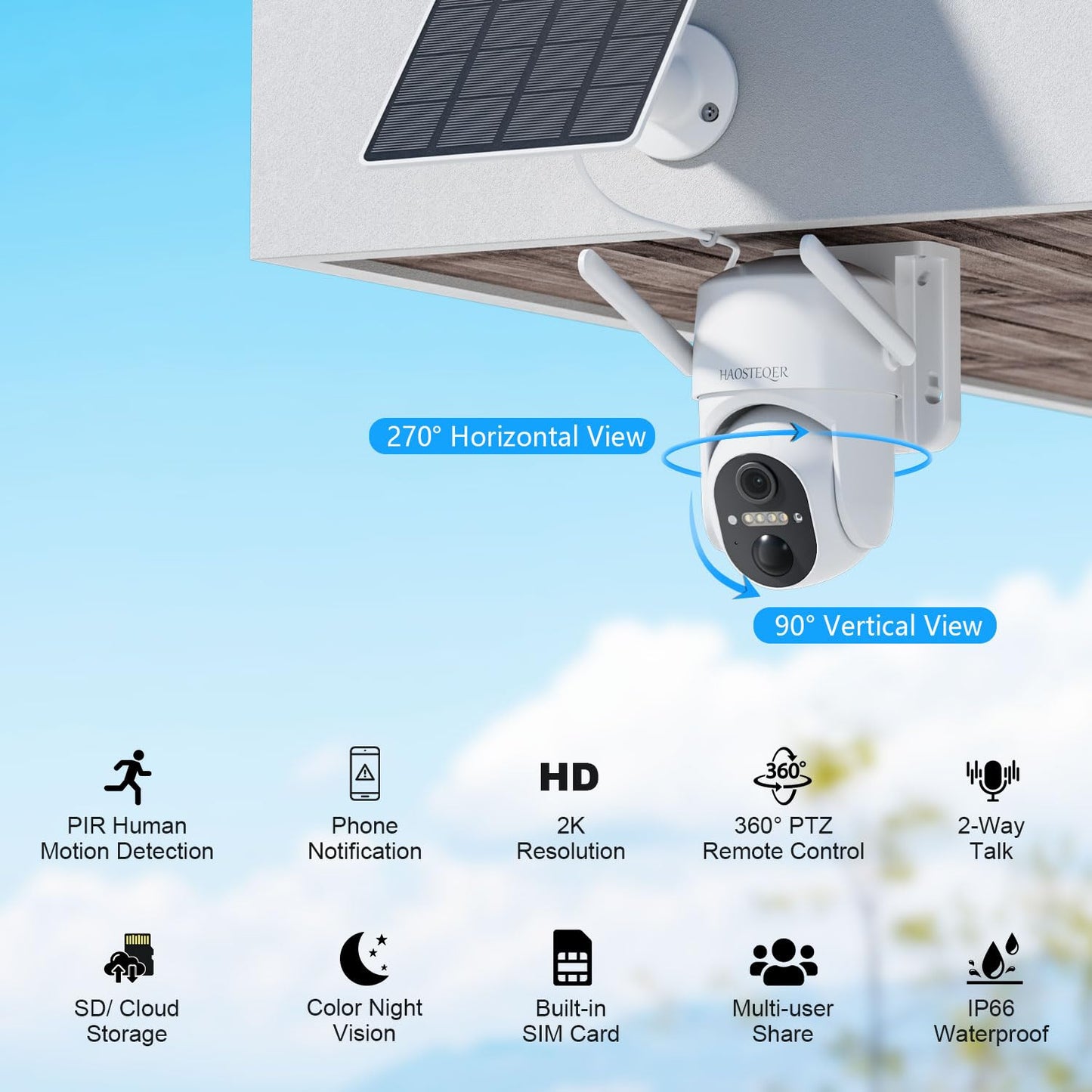 4G LTE Cellular Security Cameras Wireless Outdoor, No WiFi Security Camera, Solar Outdoor Camera Wireless with SIM Card, 360° PTZ, 2K Color Night