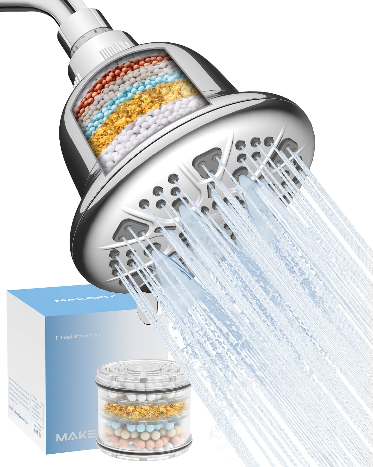 MakeFit Filtered Shower Head – High Pressure 7-Setting Rain Showerhead with Filter for Hard Water, Removes Chlorine & Metals – Chrome