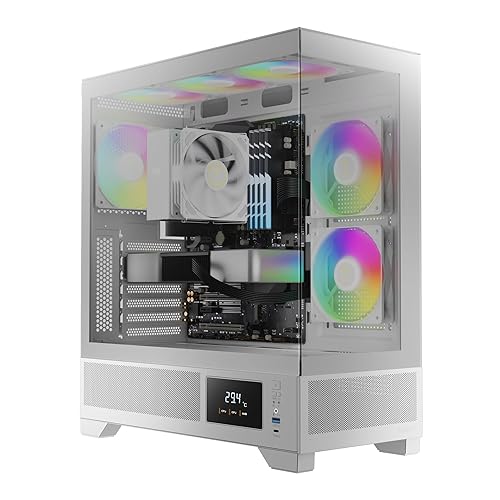 GAMDIAS White Mid Tower Gaming Computer Case w/Display& App, ATX Tempered Glass PC Case, Built-in 3x120mm ARGB PWM Fans, Up to RTX GPU/VGA 410mm &
