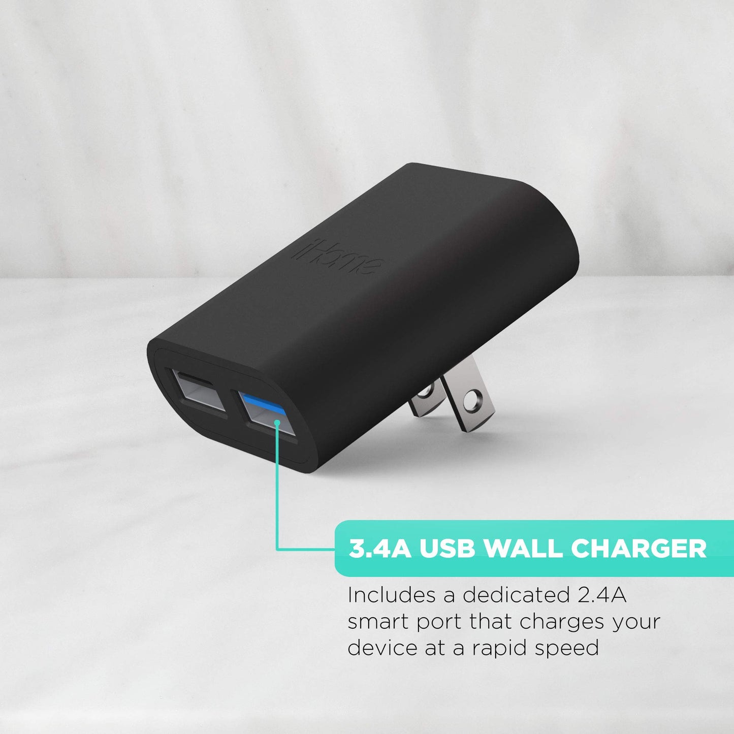 iHome Slim 2-Port USB Wall Charger, Flat Multiport Travel Plug Adapter