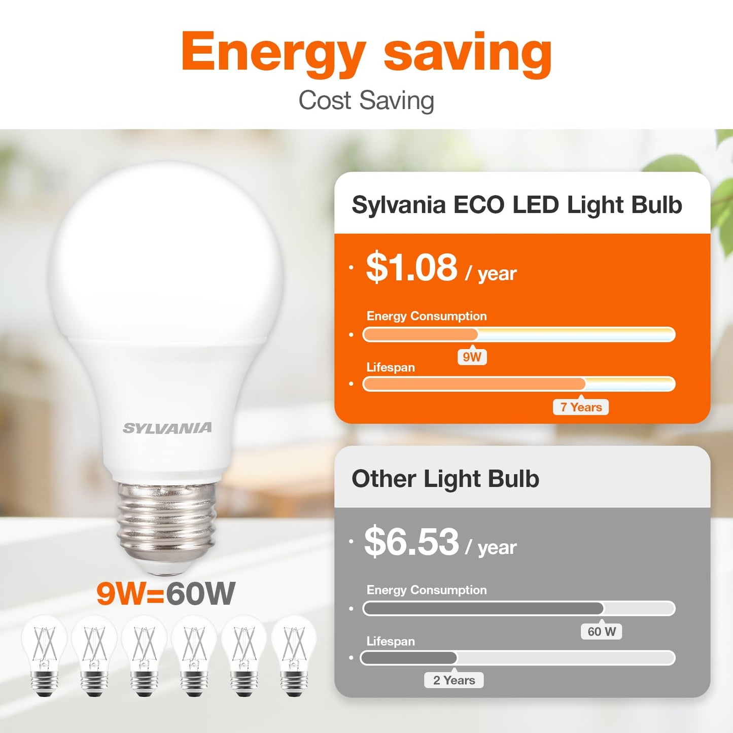 Sylvania ECO LED A19 Light Bulb, 60W Equivalent, Efficient 9W, 7 Year, 750 Lumens, Non-Dimmable, Frosted, 5000K, Daylight - 8 Pack (40883)