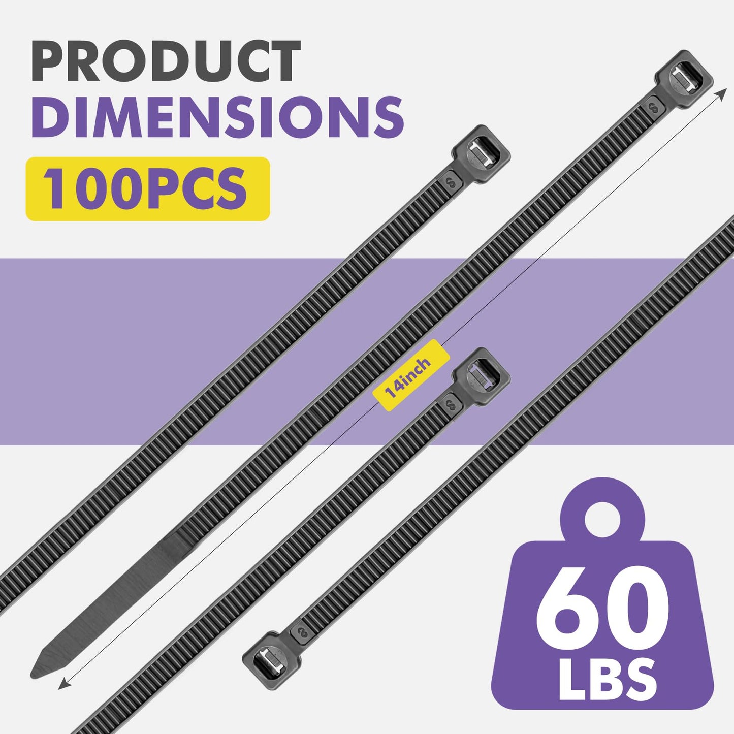 DAQIANG 60 lb Heavy Duty 14-Inch Black Zip Ties 100-Pack - UV Resistant, Self-Locking Nylon Cable Ties for Indoor/Outdoor Use