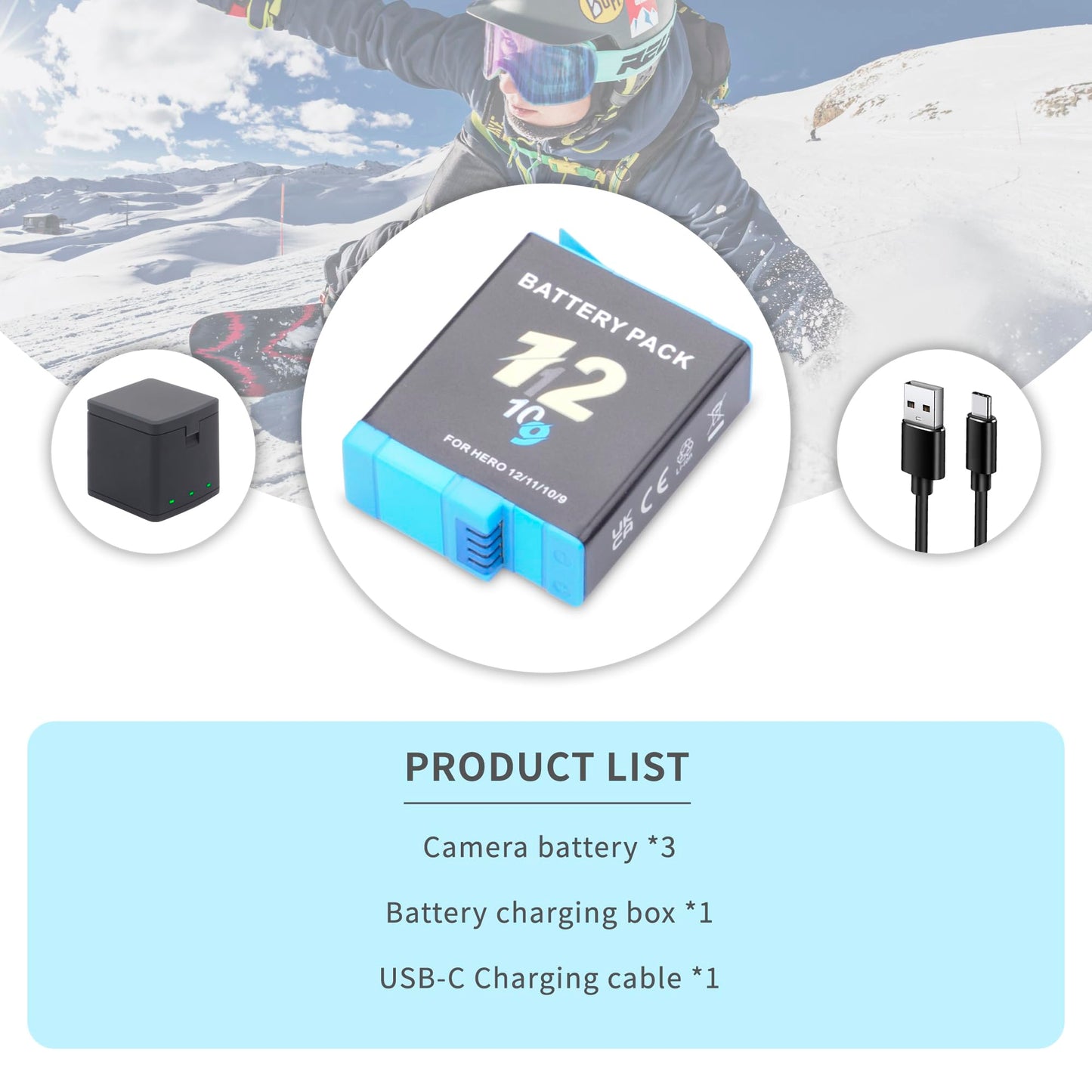 Hero 12/11/10/9 Battery 3Pack 2000mah with 3-Channel USB Storage Fast Charger Kit Fully Compatible for Hero 12, Hero 11, Hero 10, Hero 9 Black
