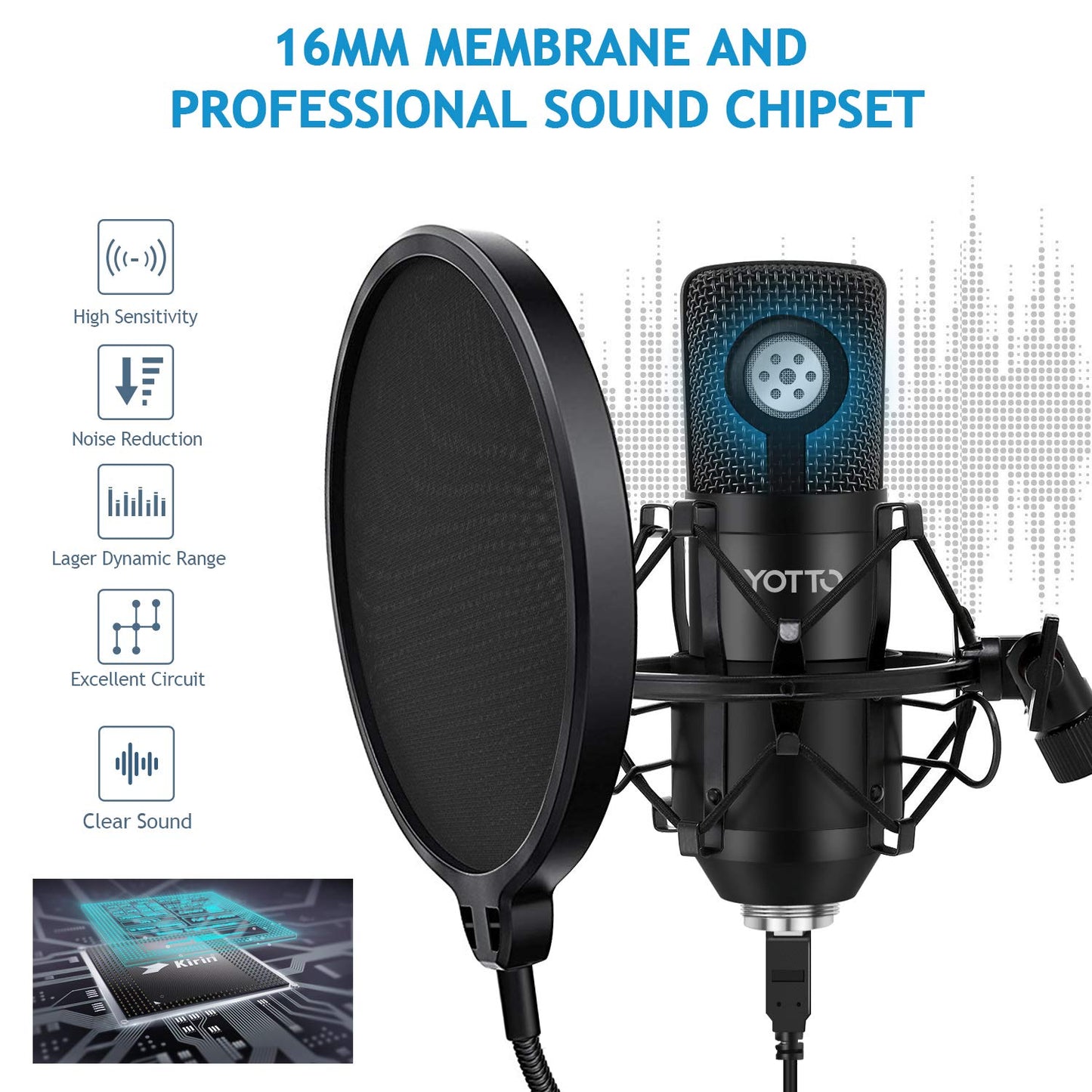 YOTTO USB Microphone Kit 192KHZ/24BIT Plug & Play Computer PC Microphone Studio Streaming Cardioid Mic with Boom Arm Shock Mount Pop Filter for