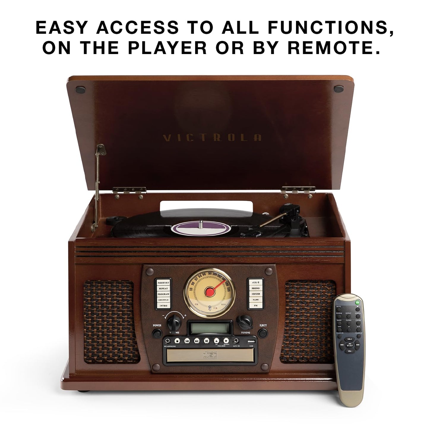 Victrola Navigator 8-in-1 Bluetooth Record Player with Built-in Speakers - 3 Speed, CD Player, Cassette, FM Radio, USB, RCA Out, Headphone Jack