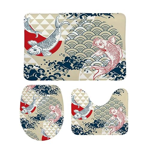 Kuizee Bath Rug Set 3 Piece Koi Fish Wave Water Circles Japanese Chinese Batroom Combination Non-Slip Mat U-Shaped Contour Rug O-Shaped Toilet Lid…