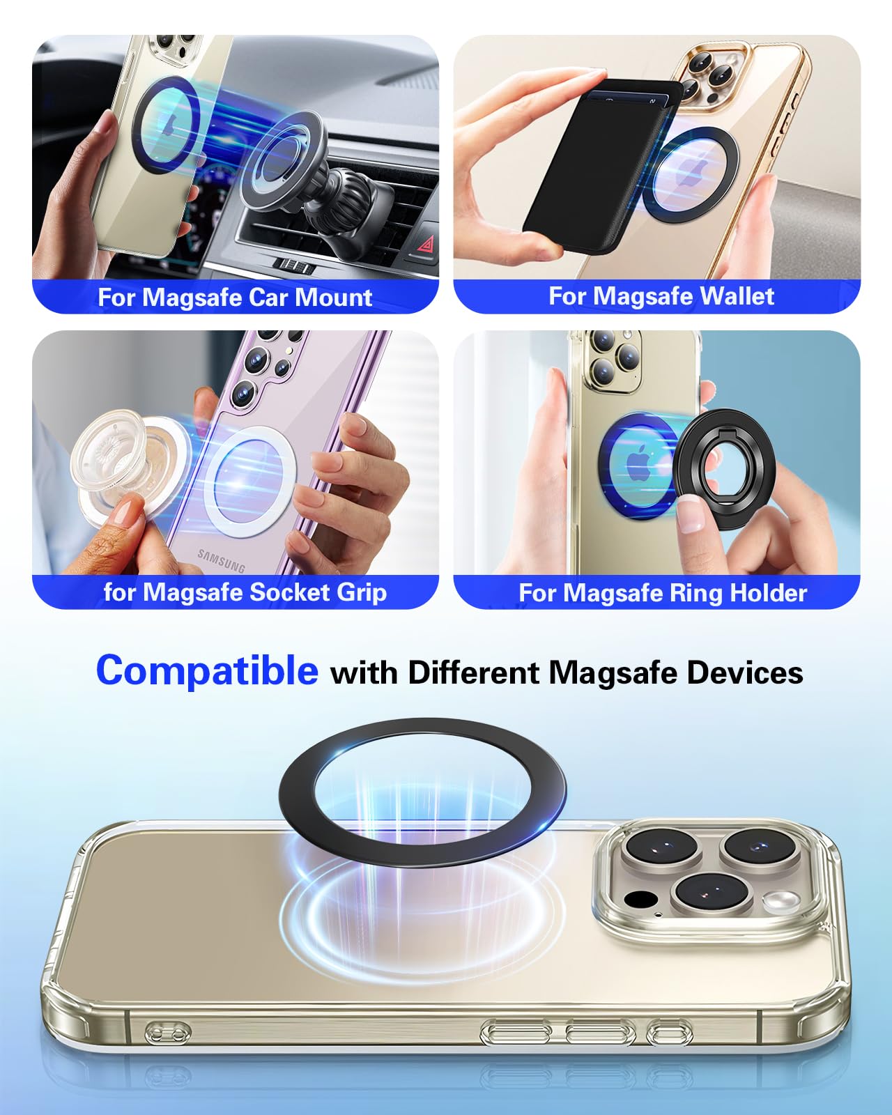 4Pcs Metal Ring for Magsafe Sticker: Ultra-Thin(0.3mm) Mag Safe Adapter for Magnetic Pop Socket Phone Grip Wallet Car Mount, Universal Adhesive