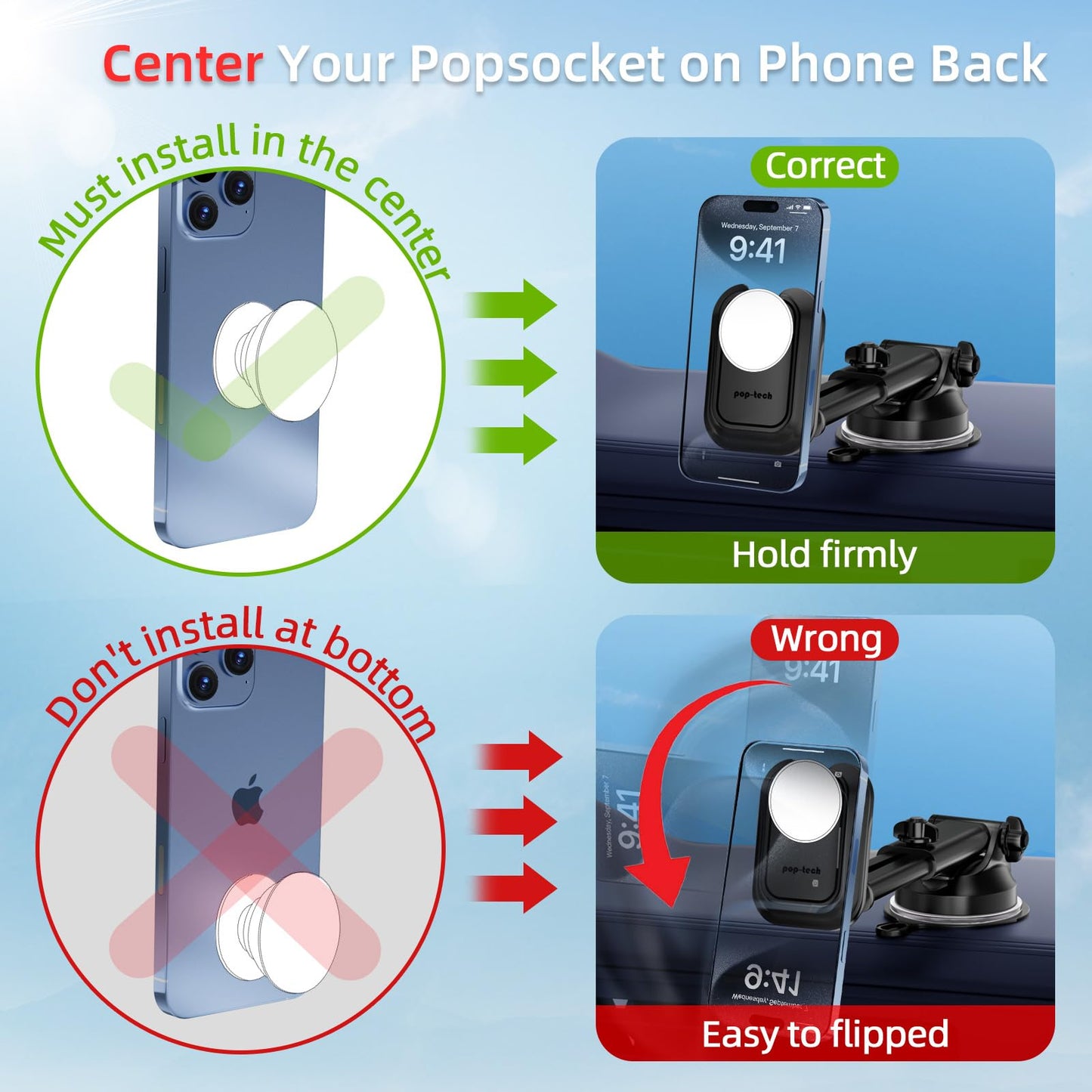 pop-tech Car Phone Mount for Pop Socket: Suction Cup Cell Phone Holders for Automobile Dashboard Windshield Window - Dash Mounted Cellphone Stand