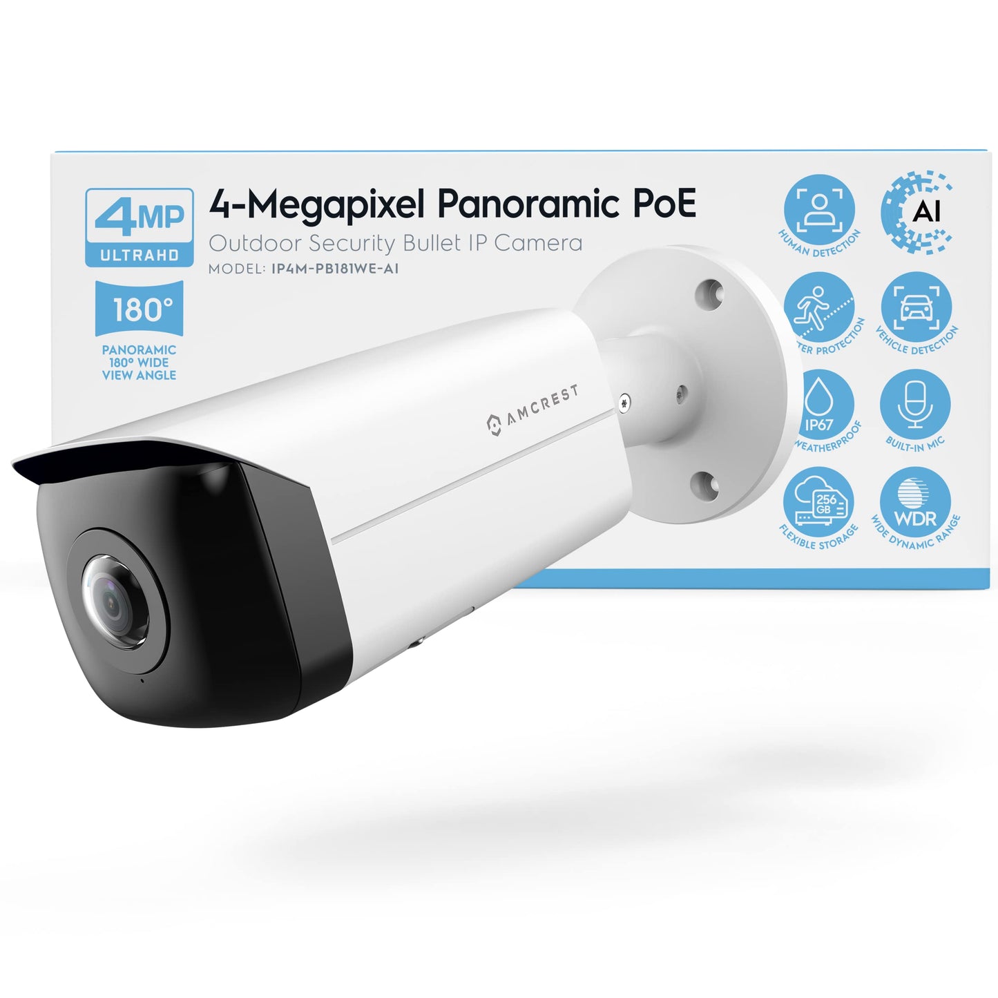 Amcrest Panoramic IP POE Camera, 180° Panoramic 4-Megapixel POE IP Bullet Camera, Security Outdoor Camera, 65ft Nightvision, IVS Features and People