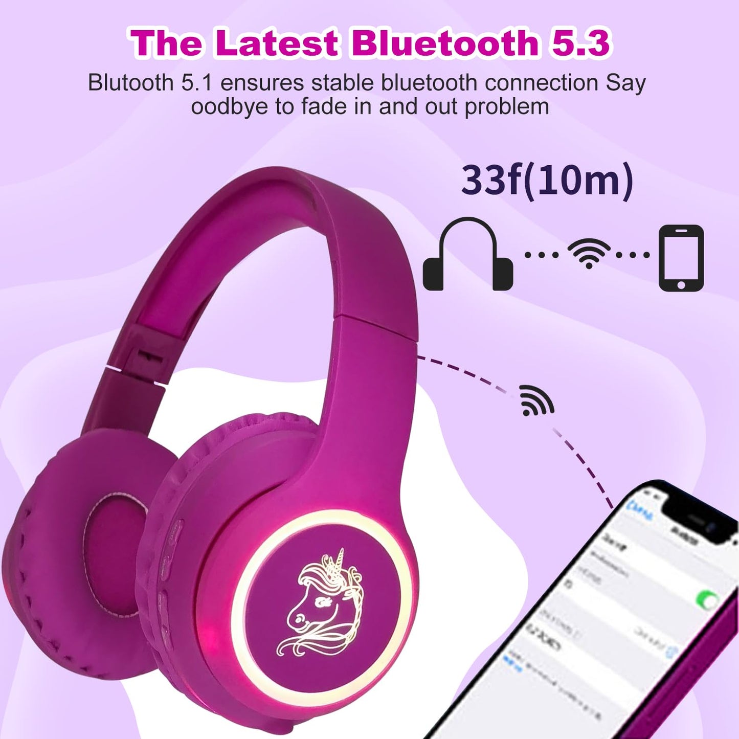 YUSONIC Unicorn Kids Headphones, Unicorn Bluetooth Headphones Foldable for Girls Boys Toddlers Tablet School Travel,Light Up Kids Wireless Headphone…