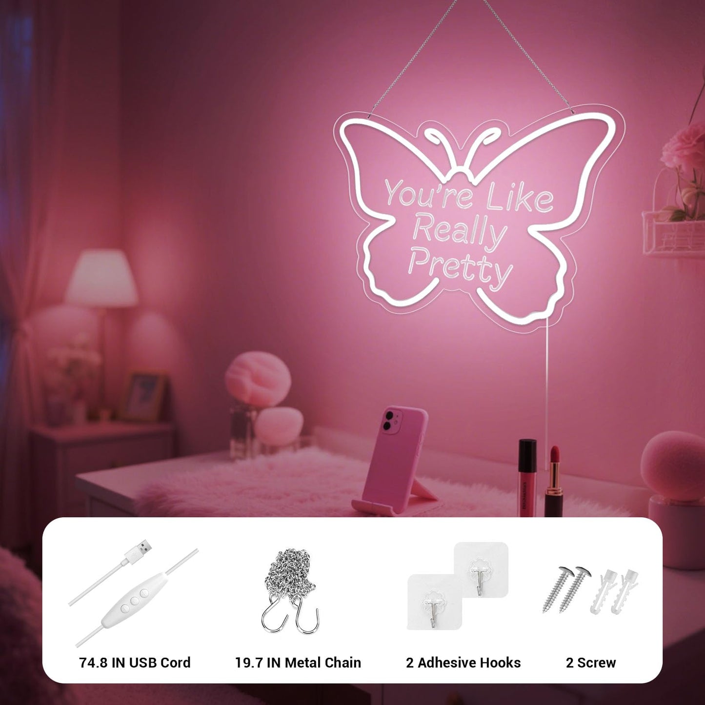 LMHSE You're Like Really Pretty Neon Sign, LED Neon Signs for Wall Decor Dimmable Aesthetic Butterfly Room Decor for Teen Girl, Bedroom, Wedding