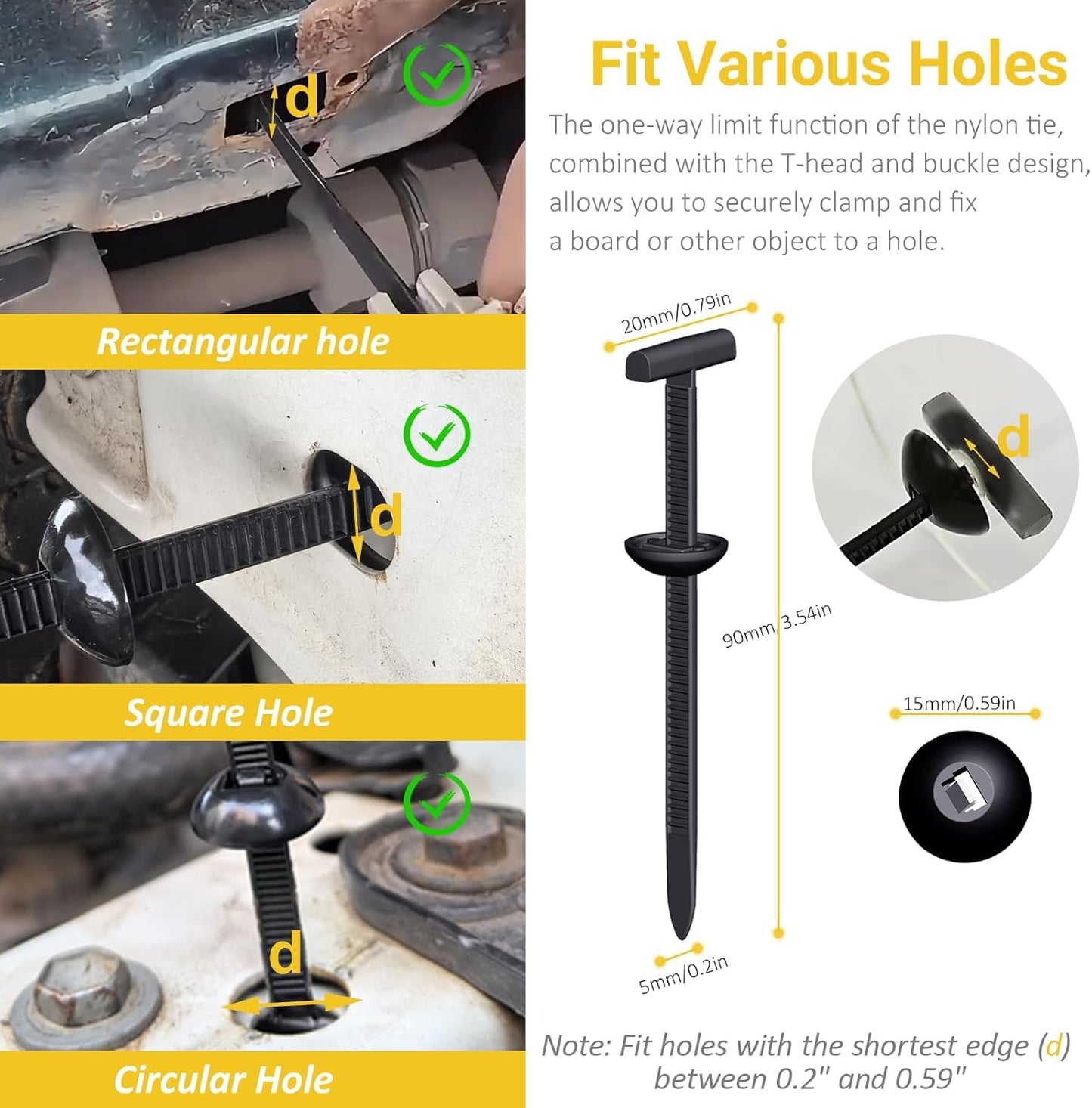 Upgraded Nylon Universal Cable Tie Buckles, Nylon Zip Ties Holders Kit, Automotive Zipper Clips Self-Locking T Rivet Zipties for Car Fender Trunk