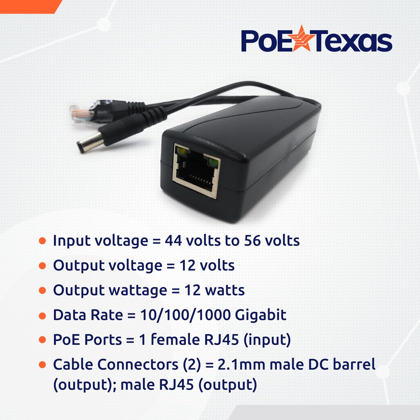 PoE Texas IEEE 802.3af 12v Splitter - Power Over Ethernet Single PoE Splitter 12v 12w Gigabit Data - Active Opto-Isolated Protection for 12 Volt DC