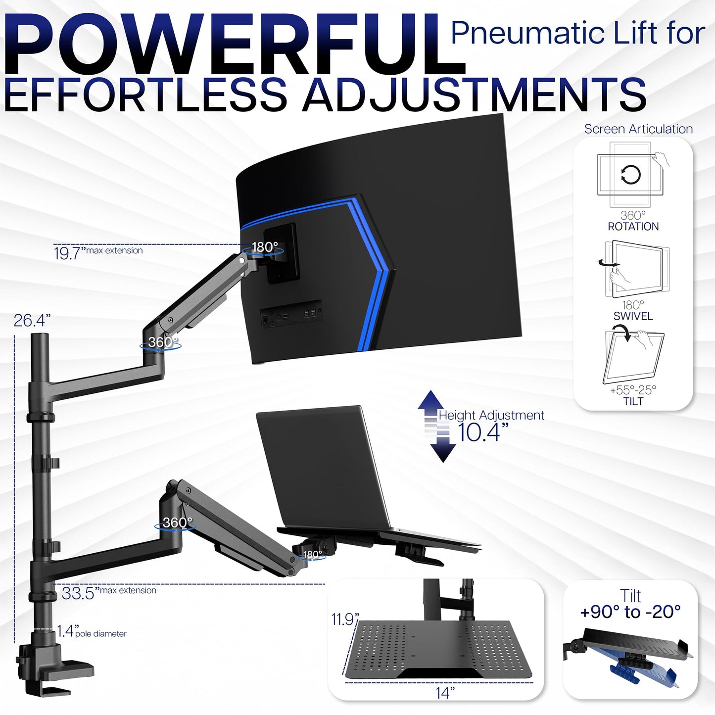 VIVO Pneumatic Arm Ultrawide Monitor Extra Tall Desk Mount for Up to 49 inch Screens and Laptop Tray for Up to 17 inch Notebooks, Holds Ultra-Wides Up