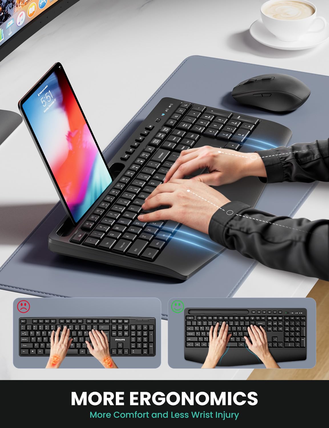 Ergonomic Wireless Keyboard and Mouse Combination, LIZRROT 2.4GHz Quiet Full Length Mouse and Keyboard, Wrist Stand, Phone Holder, Compatible