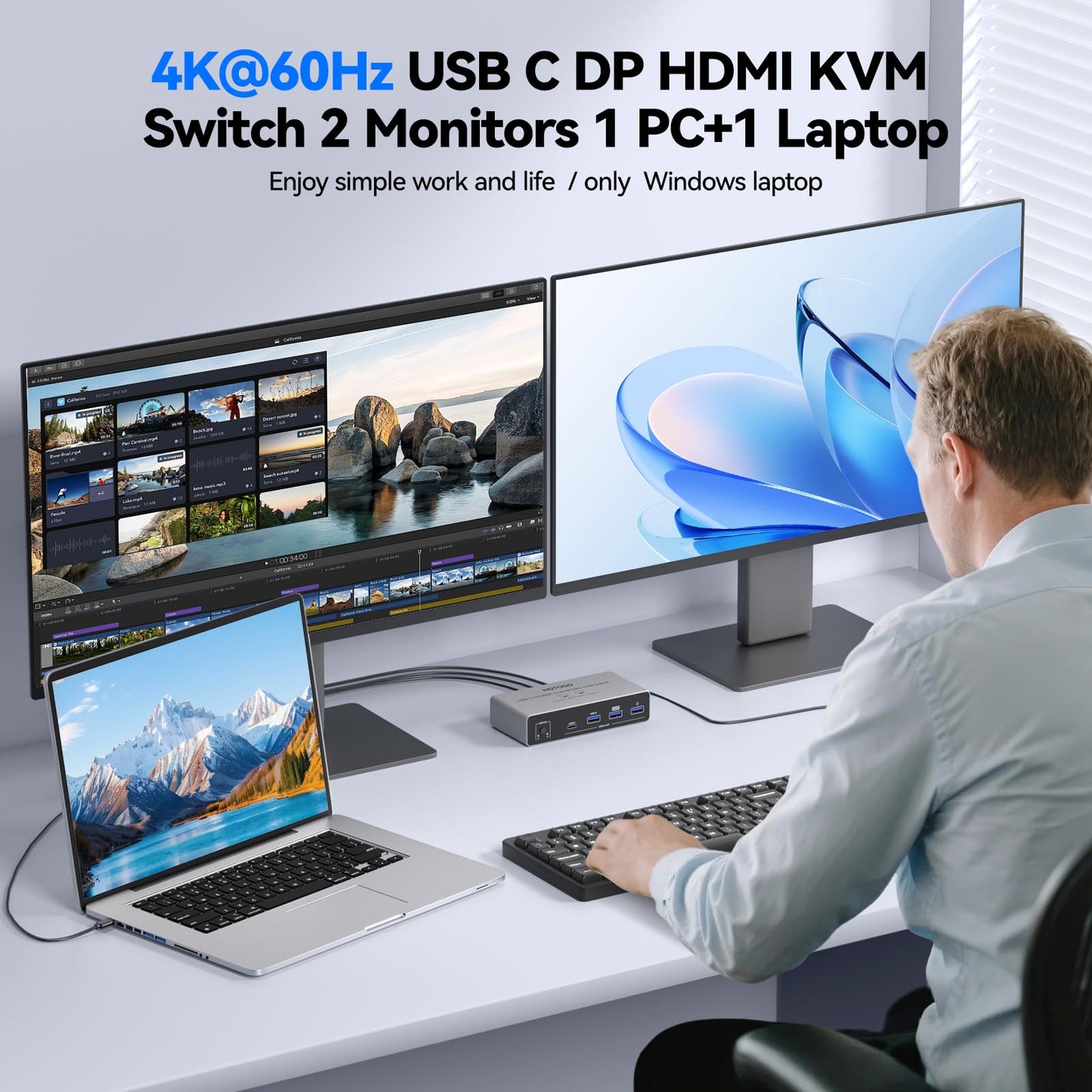 USB C KVM Switch 2 Monitors for 1 Laptop 1 Desktop, 4K@60Hz Dual Monitors HDMI DP KVM Switch for 4 USB 3.0 Ports,Docking Station KVM Switches, PD