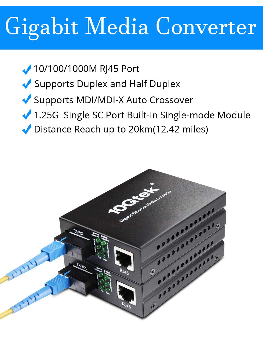 BiDi Gigabit Single Mode SC Media Converter, 10/100/1000M Fiber to Ethernet Converter, 1000Base-FX Single SC to 10/100/1000Base-T/TX RJ45, Built-in