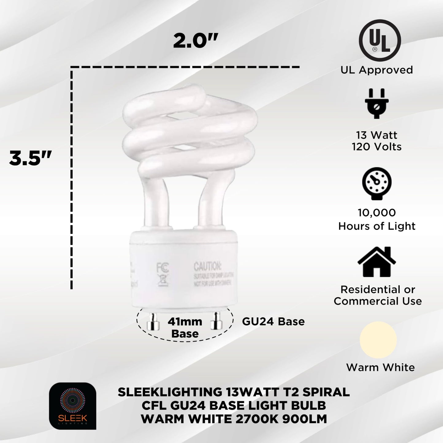 SLEEKLIGHTING GU24 13W T2 Spiral CFL Light Bulb 2700K Warm White 2-Prong