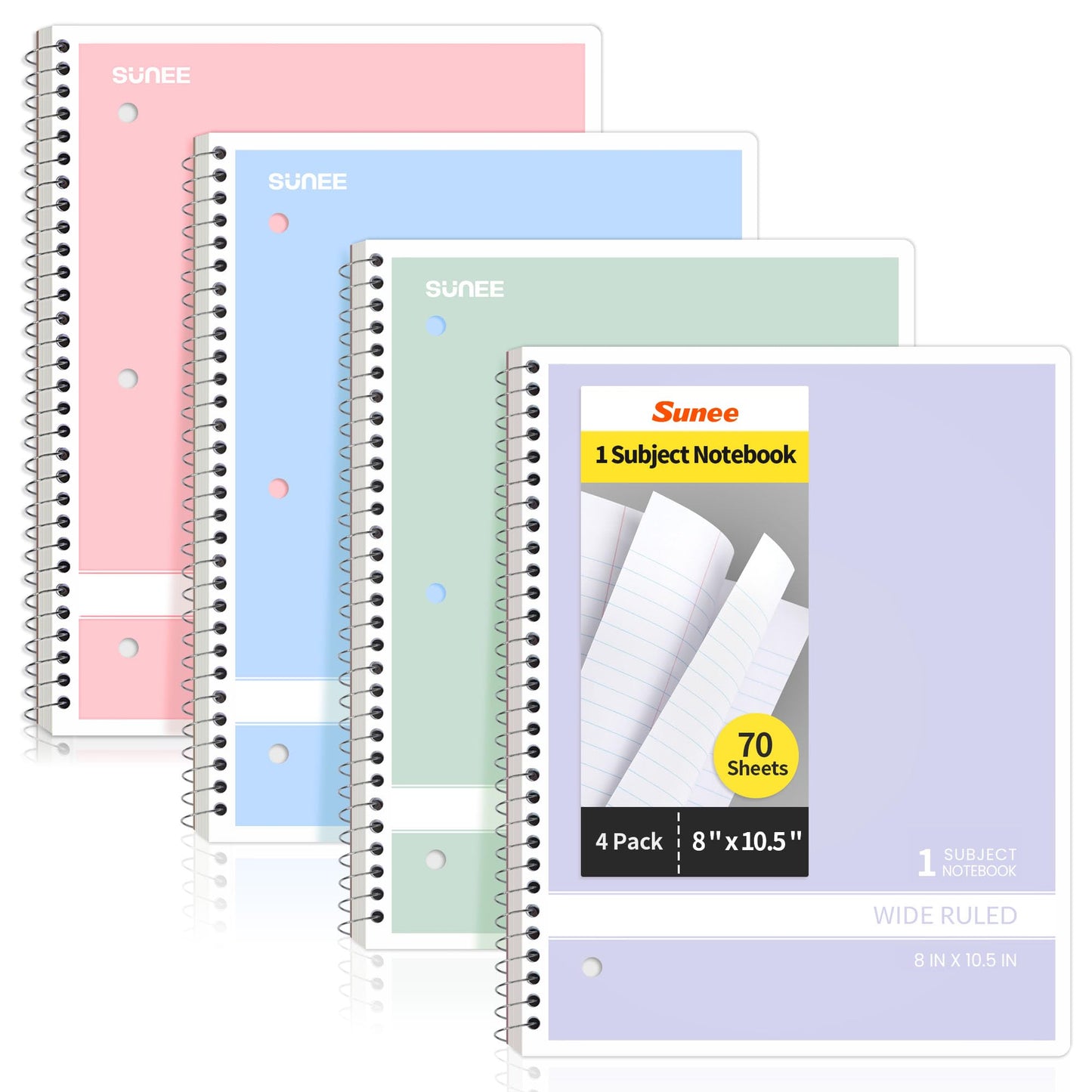 SUNEE Spiral Notebooks Wide Ruled, 1-Subject, 4 Pack, 8 x 10-1/2 in, 70 Sheets, 3-Hole Punched 70gsm Paper, Pastel Pink, Purple, Blue, Green