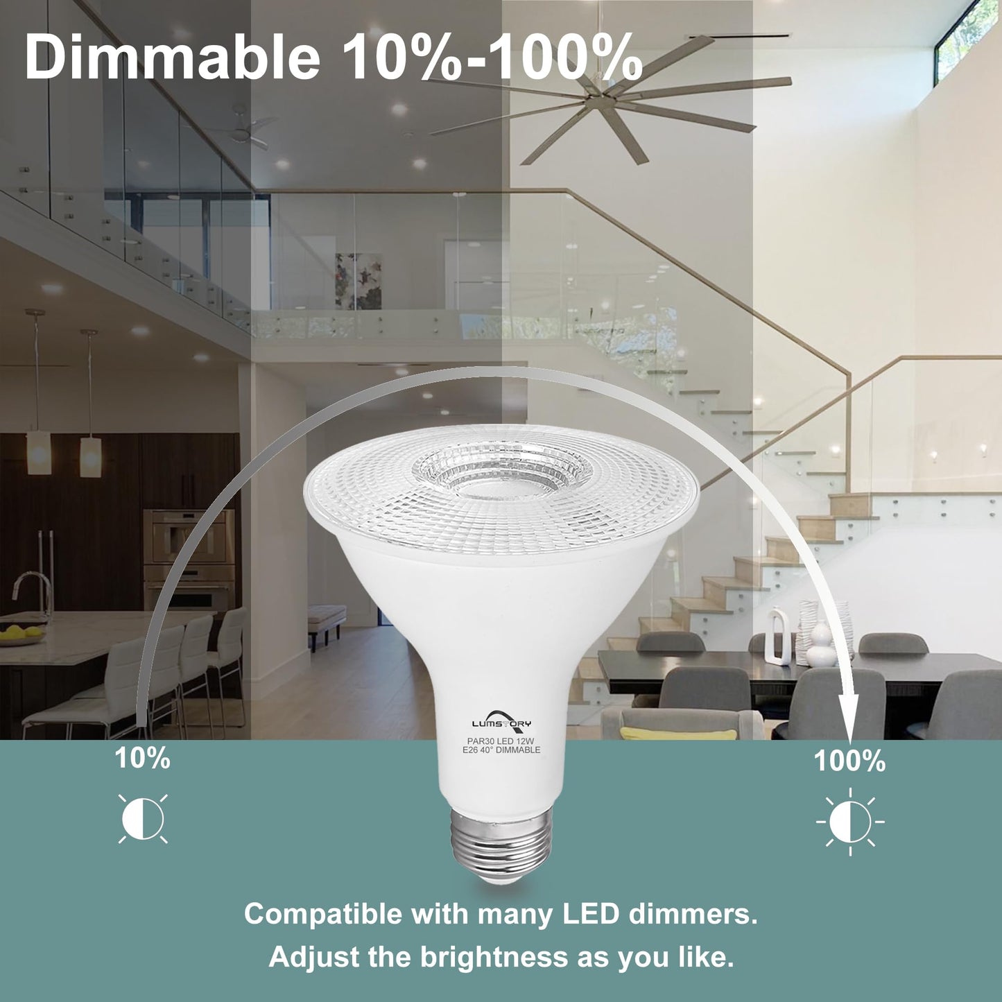 LumStory PAR30 LED Long Neck Flood Light 5000K Daylight White Dimmable 12W(75W Halogen Equivalent) E26 40 Degree Spot Light Bulbs for Recessed Can