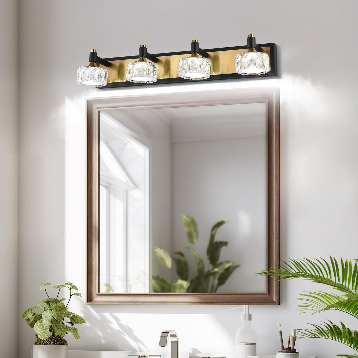 Bicrink 4 Light Bathroom Vanity Light, Dimmable Crystal Modern Bathroom Light Fixtures Over Mirror, Gold and Black Modern Vanity Light, Elegant Water