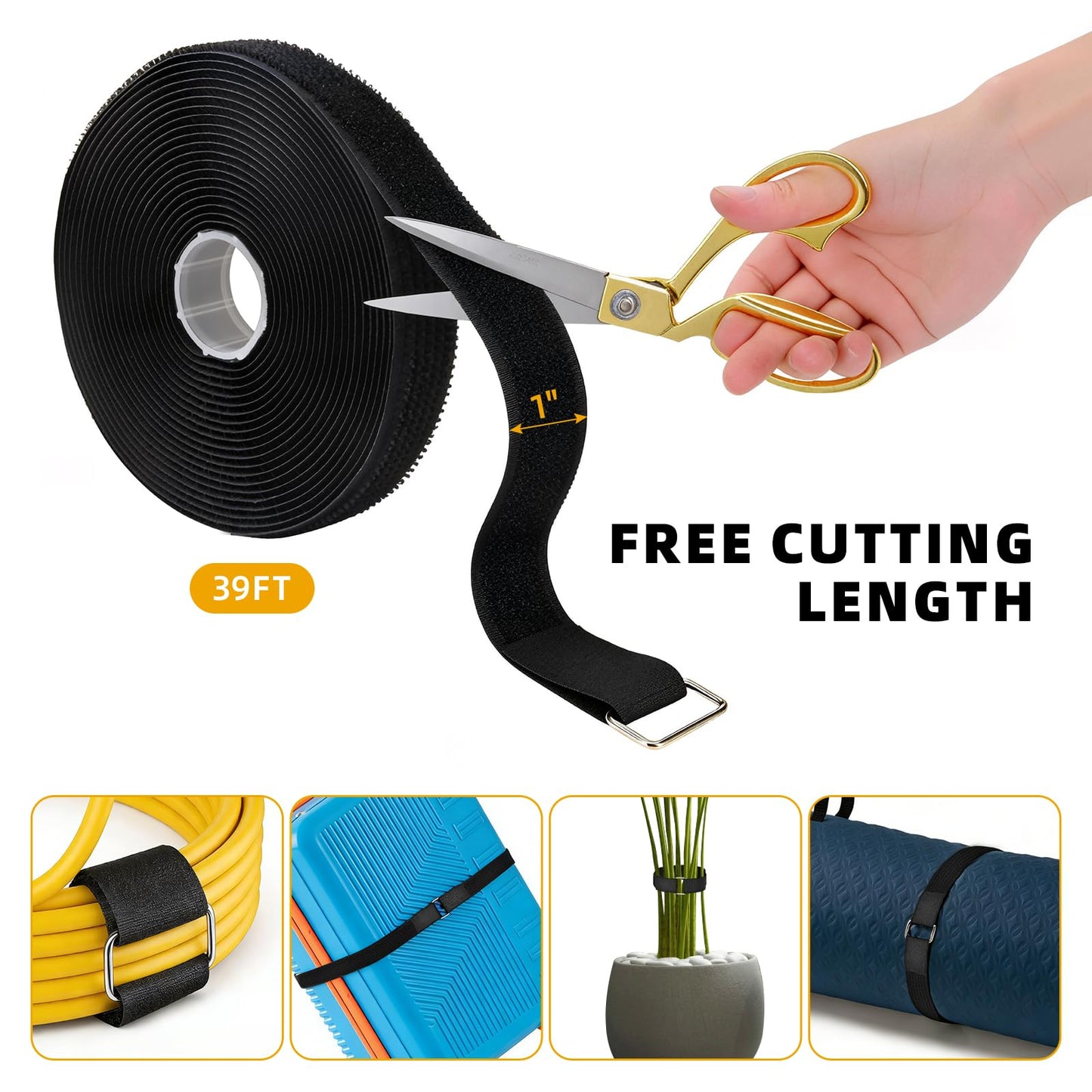 TPSUIPA 1" x 39ft Nylon Hook and Loop Straps Roll with 30 Metal & 30 Plastic Buckles, Adjustable Reusable Cut-to-Length Ties for Home Office Garage