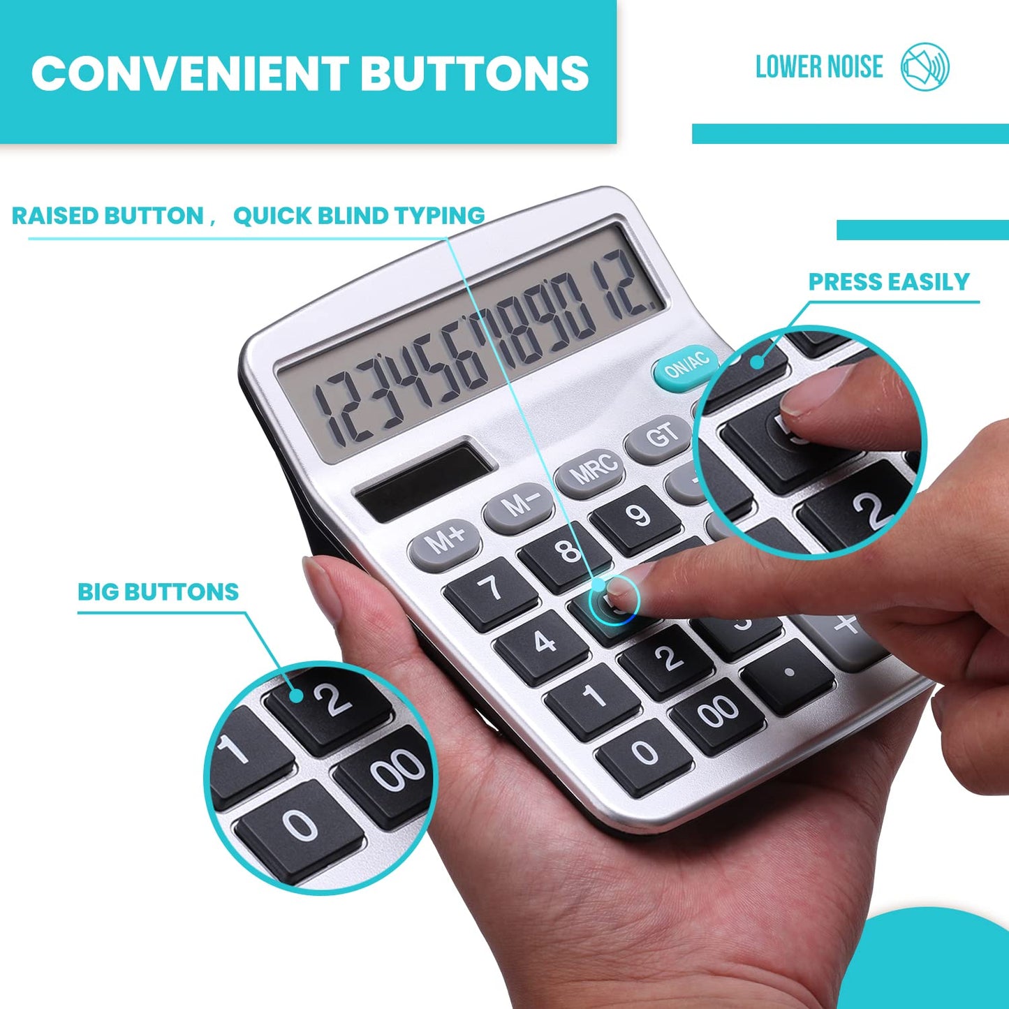 LICHAMP Desk Calculators with Big Buttons and Large Display, Office Desktop Calculator Basic 12 Digit with Solar Power and AA Battery (4 Packs