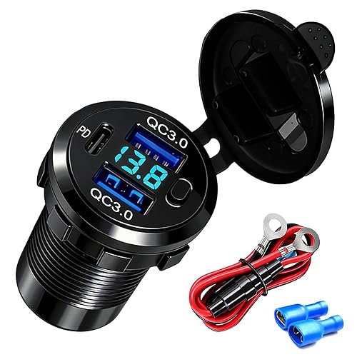 12V USB Dual Port Quick Charge 3.0 and PD3.0 USB-C Car Charger Socket 12V Power Outlet Cigarette Lighter Replacement DIY Kit with Voltage Meter