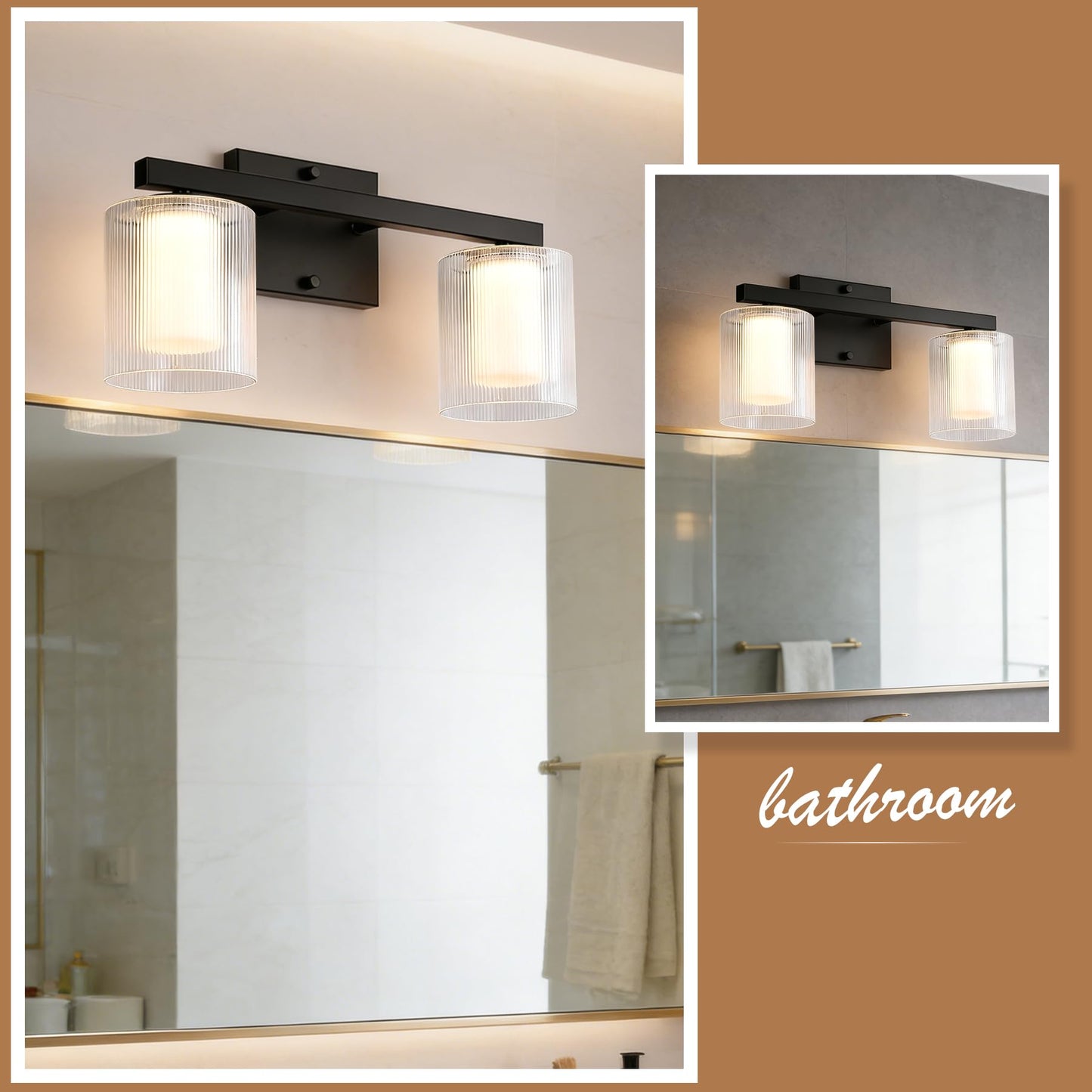 Nwaprh 2-Light Bathroom Vanity Light, 15.75" Matte Black LED Bathroom Light Fixture with Ribbed Glass Shades, 3000K Warm White Wall Sconce, Up/Down