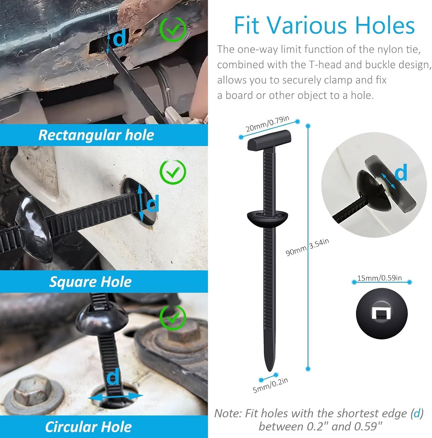 Upgraded Nylon Universal Cable Tie Buckles for Car, Heavy Duty T Rivet Zip Ties, Double-Side Self-Locking Automotive Zipper Clips for Fender Trunk