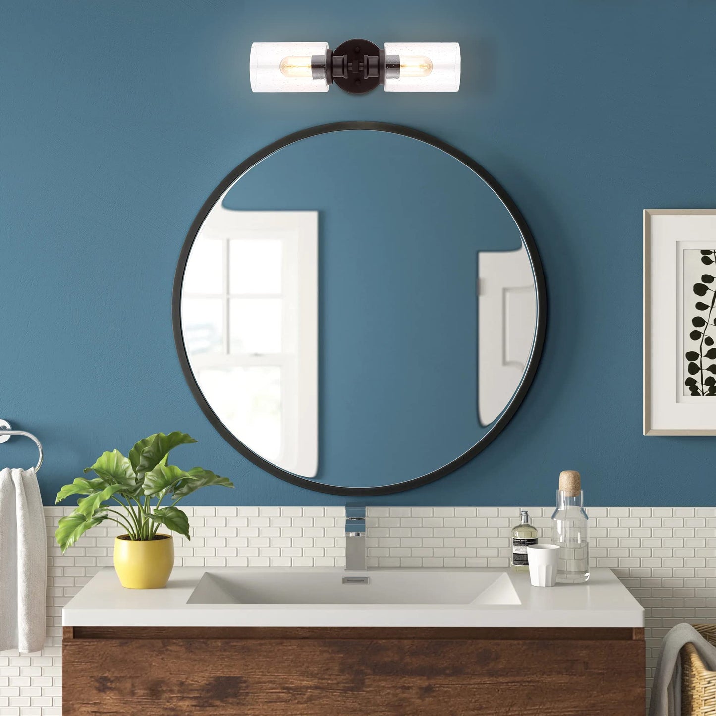 JONATHAN Y 16.5" Oil Rubbed Bronze 2-Light LED Wall Sconce, Modern Farmhouse Vanity Light with Seeded Glass Shade, Industrial Iron Fixture