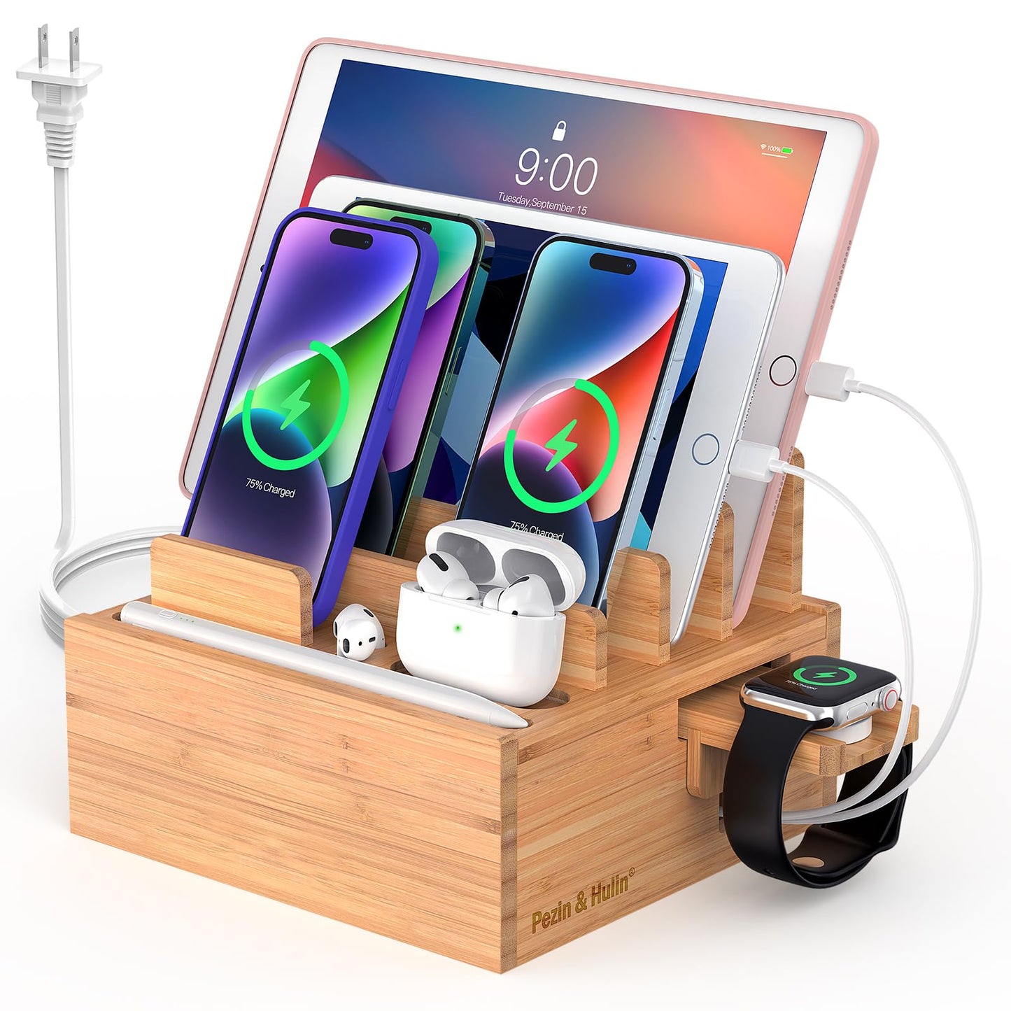 Pezin & Hulin Bamboo Charging Station for Multiple Devices Include 5 Port USB Charger, 5 Cables, Desktop Organizer for Phones, Tablet, Wooden Docking