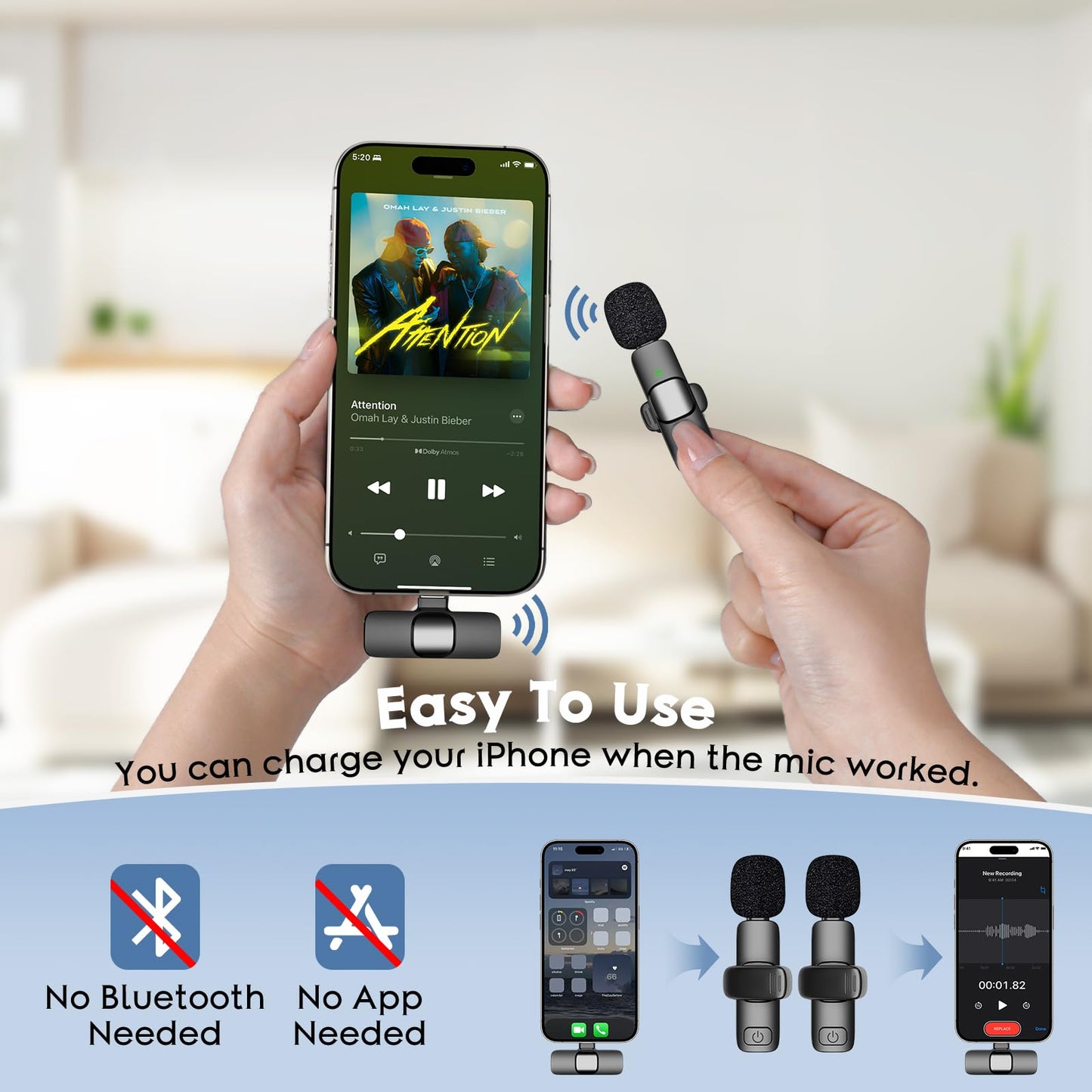 HEHOTTC Mini Wireless Lavalier Microphone for iPhone, iPad, Android Phone, Clip on Omni Lav Mic for Video Recording, Tiktok, YouTube, Vlog - Noise