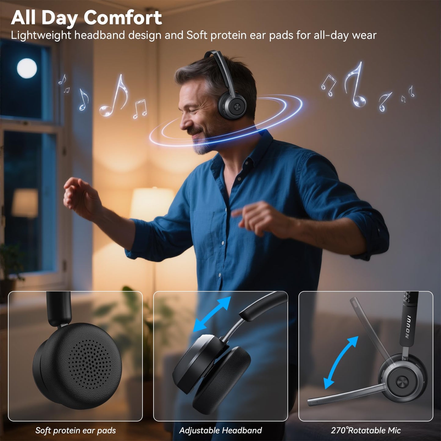 Wireless Headset with Mic for Work, Wireless Headphones with Mic(Noise Cancelling), Bluetooth Headset with Microphone, Mute Button & Charge Base…