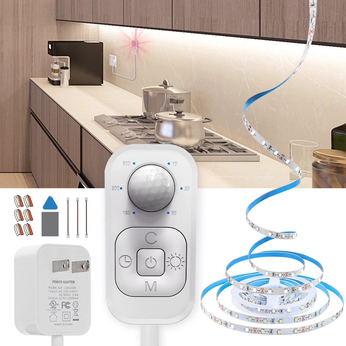 Motion Sensor Led Light Strip - with UL FCC Plug Adapter, Multi-Functional Controller, Dimmer, Timer, Under Cabinet Lights for Indoor Kitchen Stair