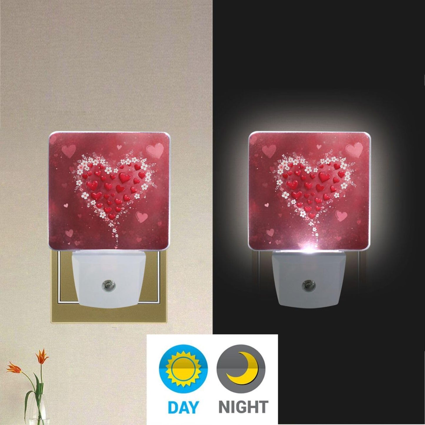Pfrewn Happy Valentine Day Night Light Set of 2 Mothers Day Red Heart Plug-in LED Nightlights Spring Be Mine Love Auto Dusk-to-Dawn Sensor Lamp