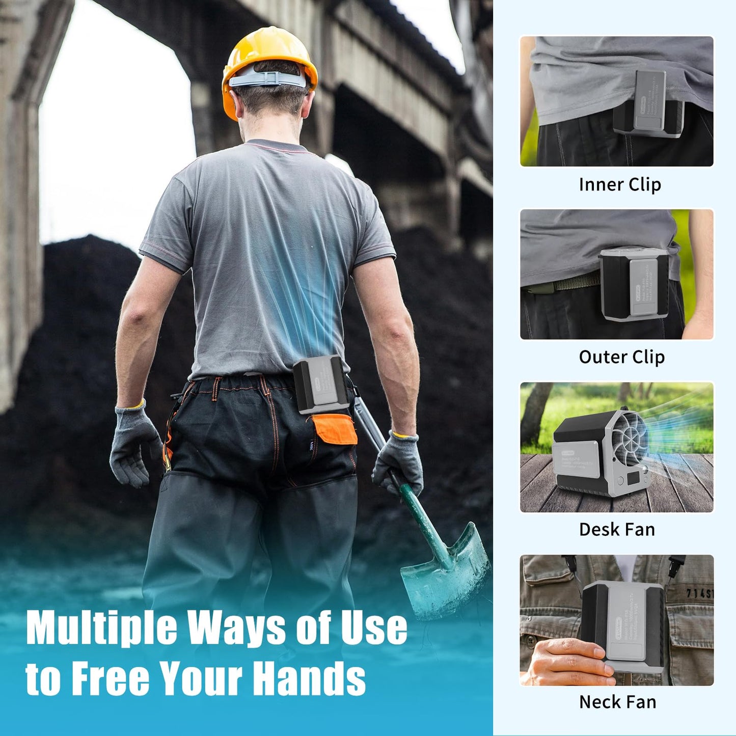 Kuomih Portable Waist Fan, 10000mAh Rechargeable Belt Clip Fan, 10000RPM 4 Speeds, 24H Working Time, Hands-Free Wearable Design for Outdoor Workers
