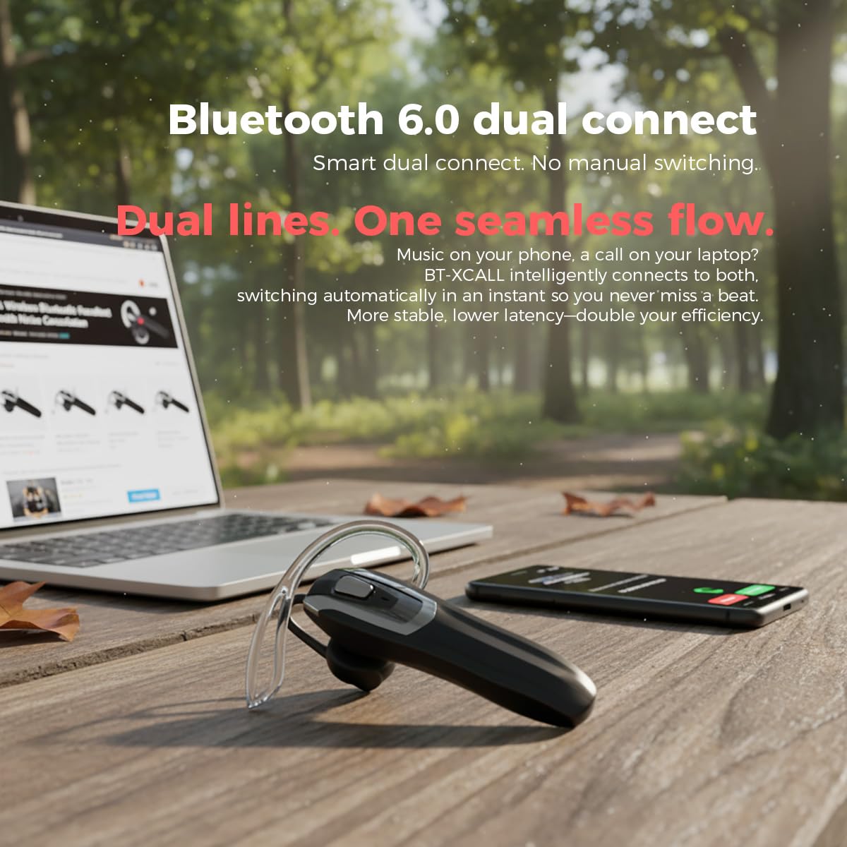 BEVCEFCC Bluetooth Headset with 38H Talk Time, Dual Mic Noise Cancelling, Dual Pairing & Mute Button, Bluetooth 6.0, Lightweight Single Ear Headset