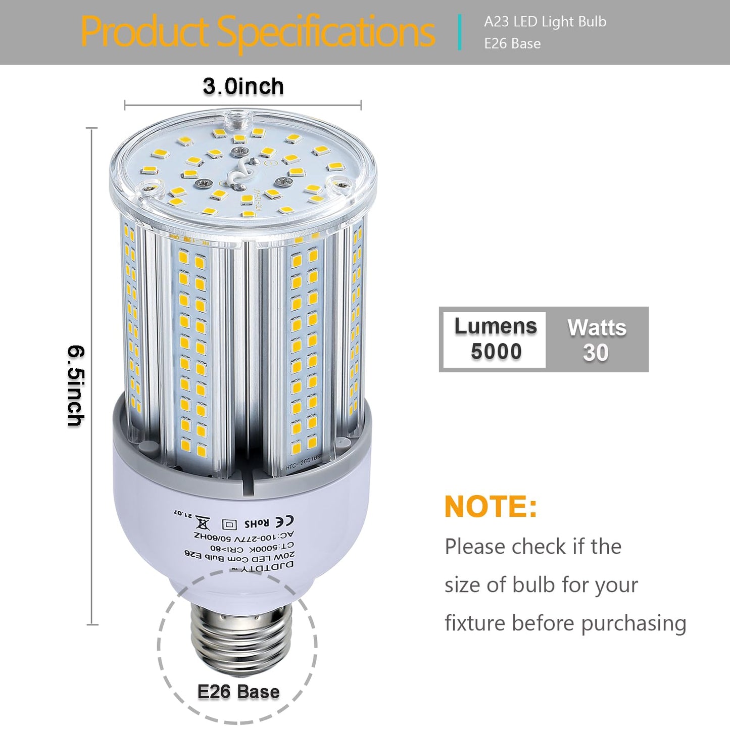 300W Equivalent LED Corn Light Bulb 5000 Lumen 5000K 30W Large Area Cool Daylight White E26/E27 Medium Base for Outdoor Indoor Garage Warehouse