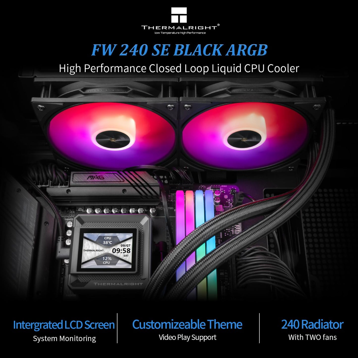 Thermalright FW 240 SE ARGB Black-AIO CPU Liquid Cooler,IPS LCD Screen with 320 * 240 Resolution,for AM4/AM5,Intel LGA1700/1851,2-inch