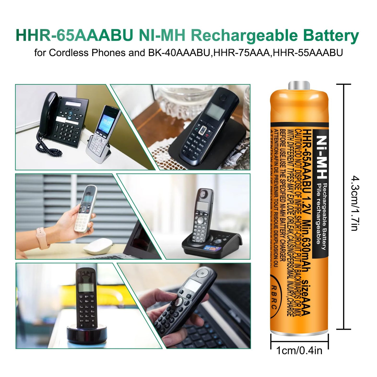 Triangle Power 6 Pack HHR-65AAABU NI-MH Rechargeable Batteries 1.2V 630mAh AAA Battery for Panasonic Cordless Telephone Batteries