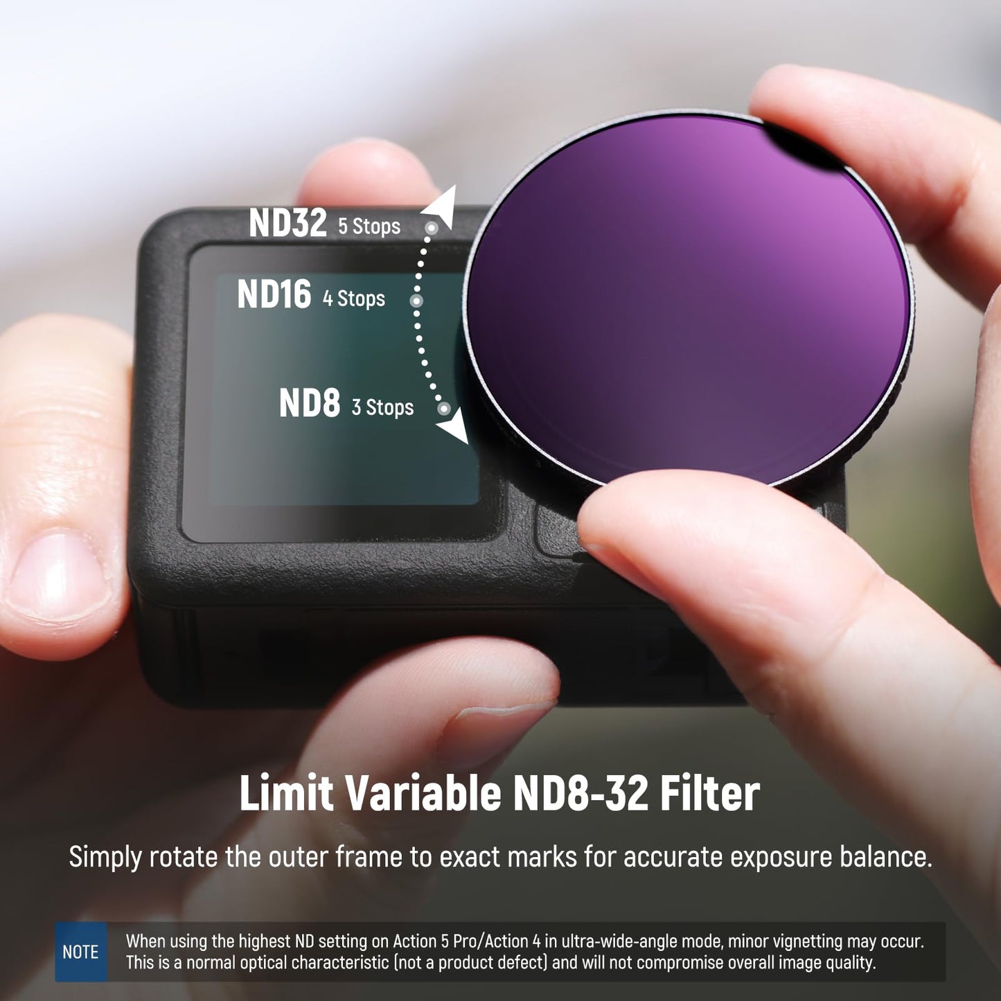 NEEWER Variable ND Filter Lens Kit Compatible with DJI Osmo Action 5 Pro/4, Screw On Multicoated HD Optical Glass ND8-32 (3-5 Stops) + 185° FOV Wide